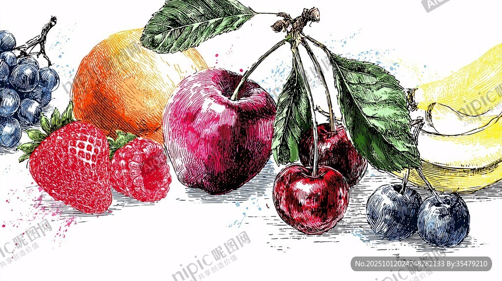 手绘多彩新鲜水果组合