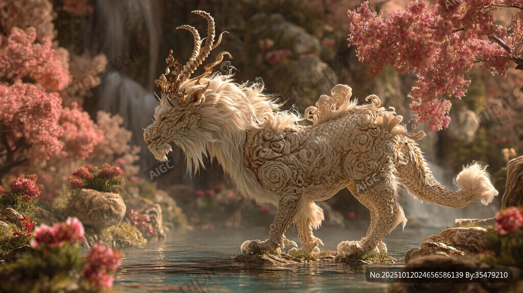 仙幻白麟龙立于繁花溪流间