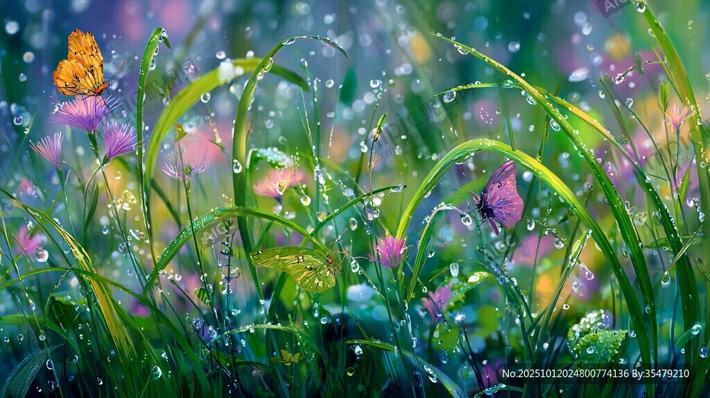 雨后花草间的蝴蝶美景