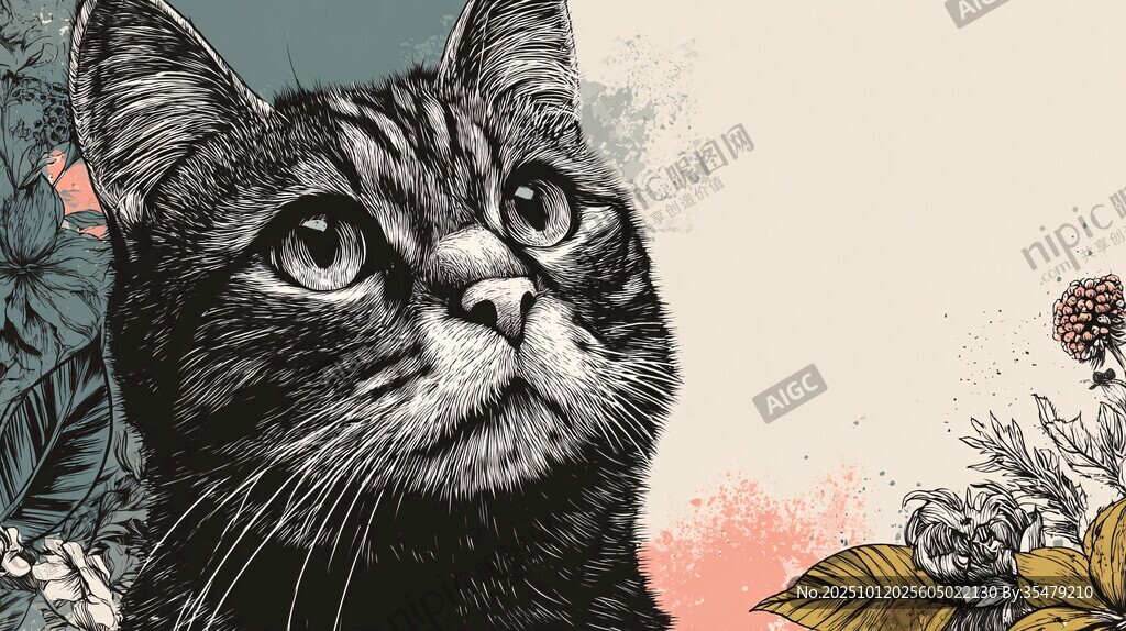 黑猫仰望花卉背景插画