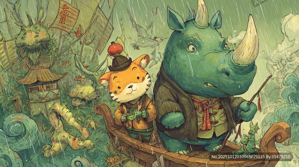 狐犀雨中泛舟奇幻场景