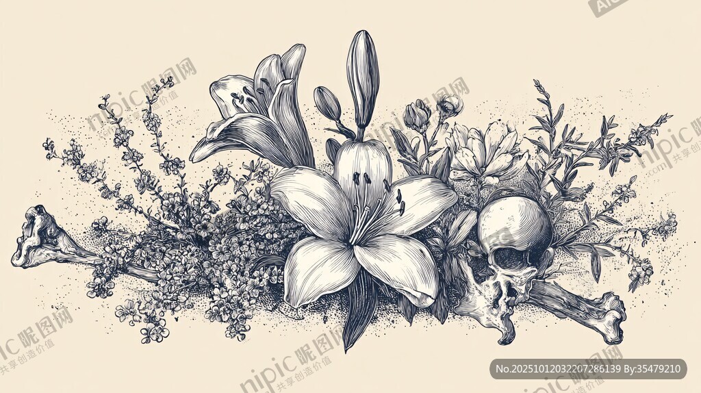 手绘百合与骷髅植物组合