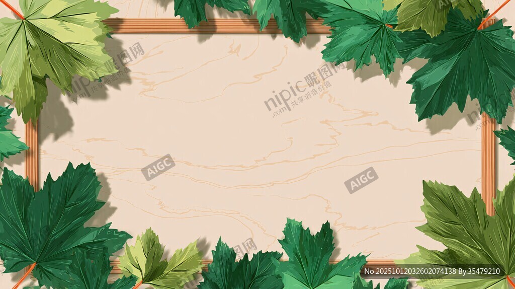 绿叶环绕的木质边框背景