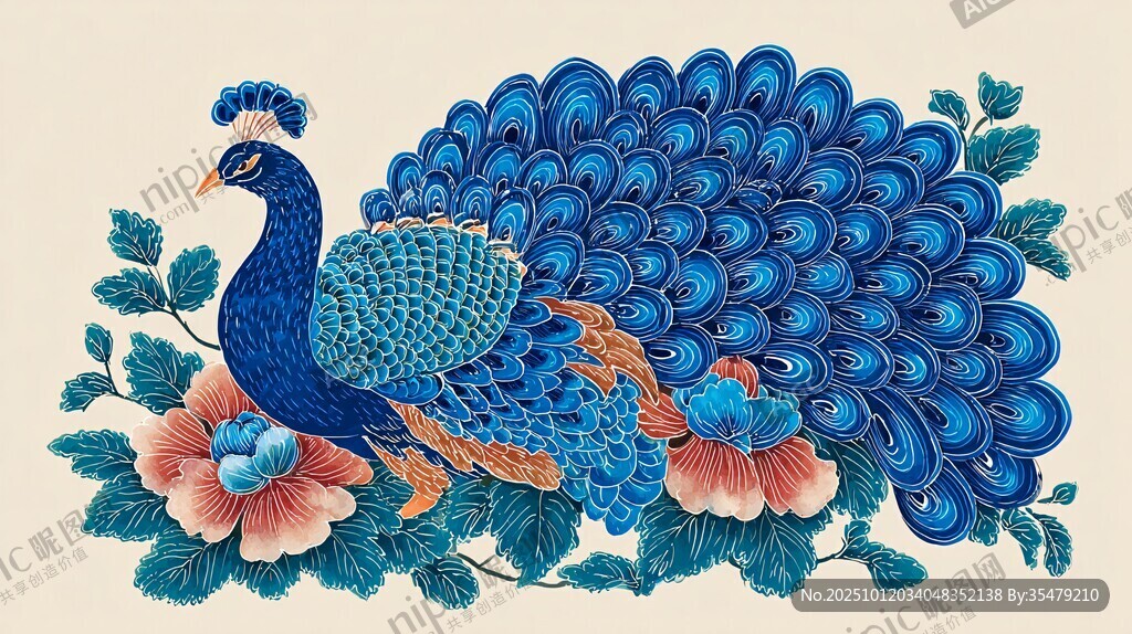蓝孔雀伴花精美插画
