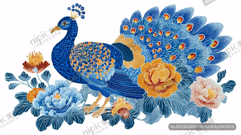 蓝孔雀伴繁花绚丽图案