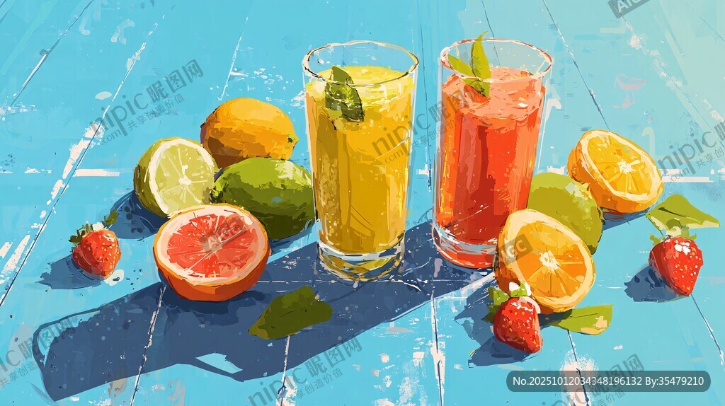 夏日缤纷果汁与鲜果组合