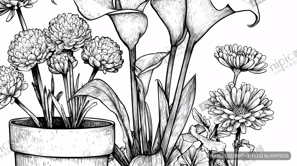 黑白花卉盆栽线描图
