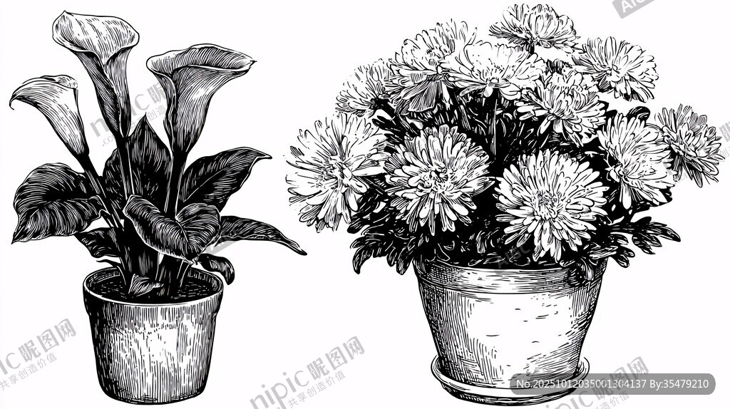 黑白盆栽花卉插画图