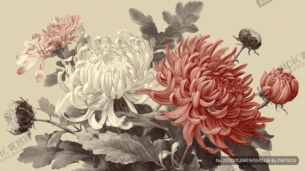 水墨风多彩菊花花卉图