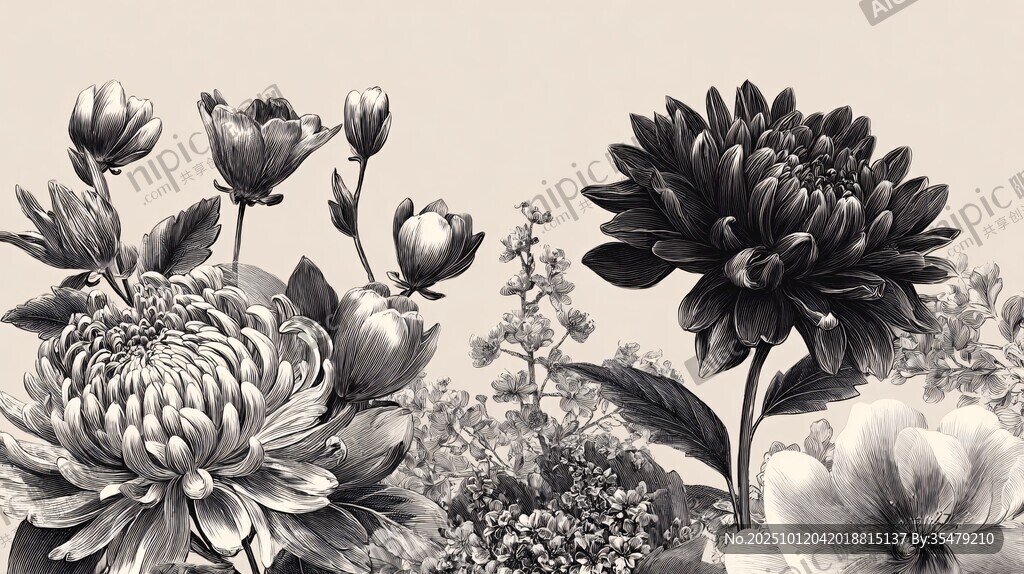黑白花卉插画艺术作品
