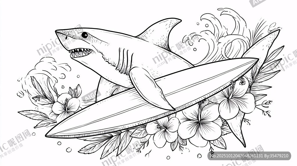 鲨鱼乘冲浪板的海洋插画