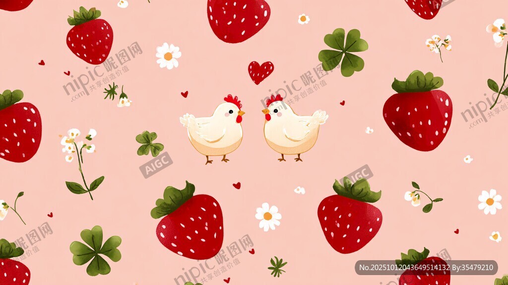草莓小鸡浪漫花卉图案