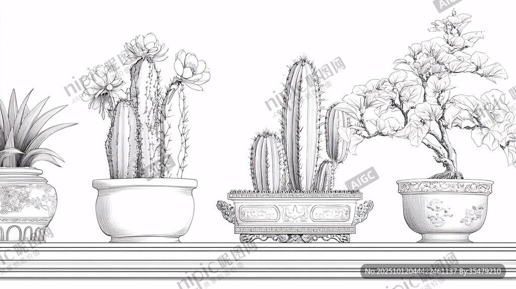 盆栽线描图 多样植物造型