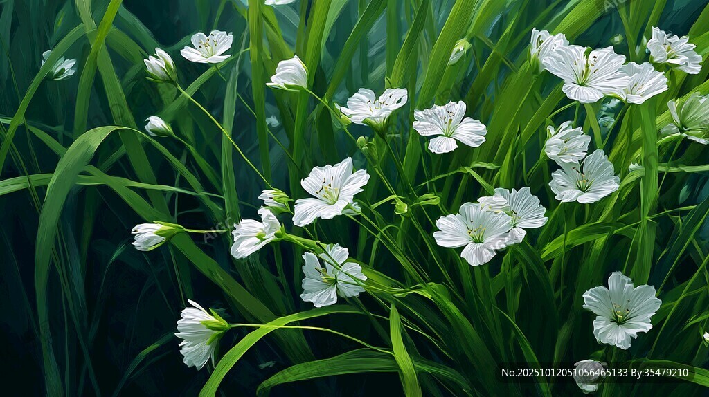 清新白花绽放于绿草间