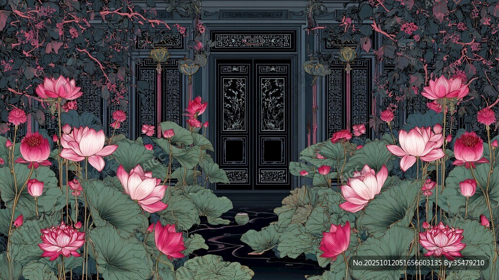 中式庭院荷花环绕景致