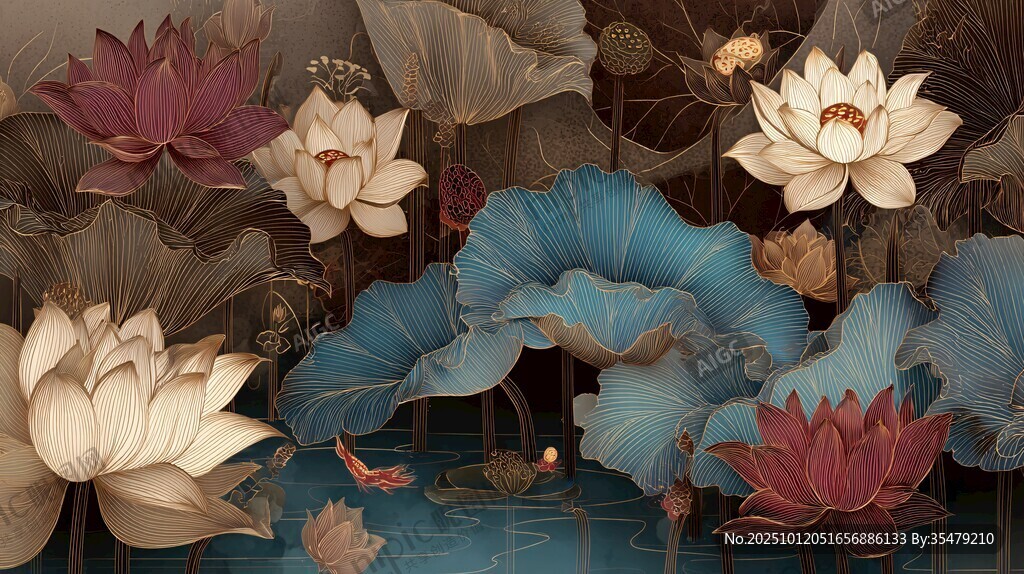 中式荷塘花卉梦幻插画