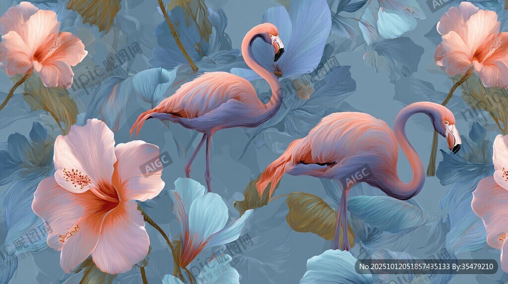 火烈鸟与花卉的梦幻图案