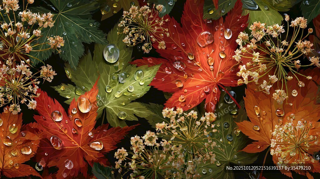 秋意枫叶露珠花卉景致