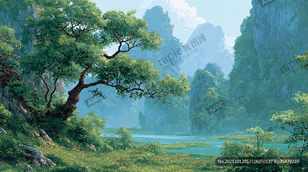 青山绿水间的葱郁树木