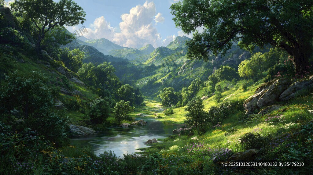 山间溪流畔的绿意盎然景致