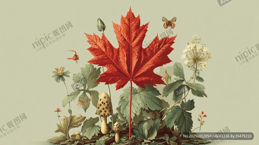 红枫叶下的自然小景