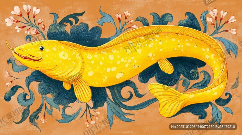 金色鲶鱼伴花卉装饰画