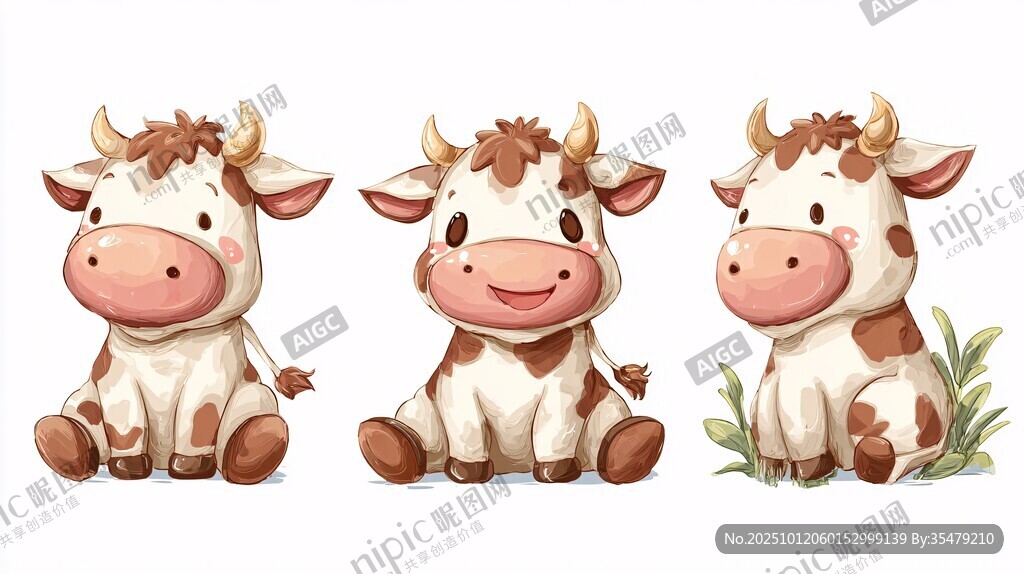 三只可爱卡通小牛插画
