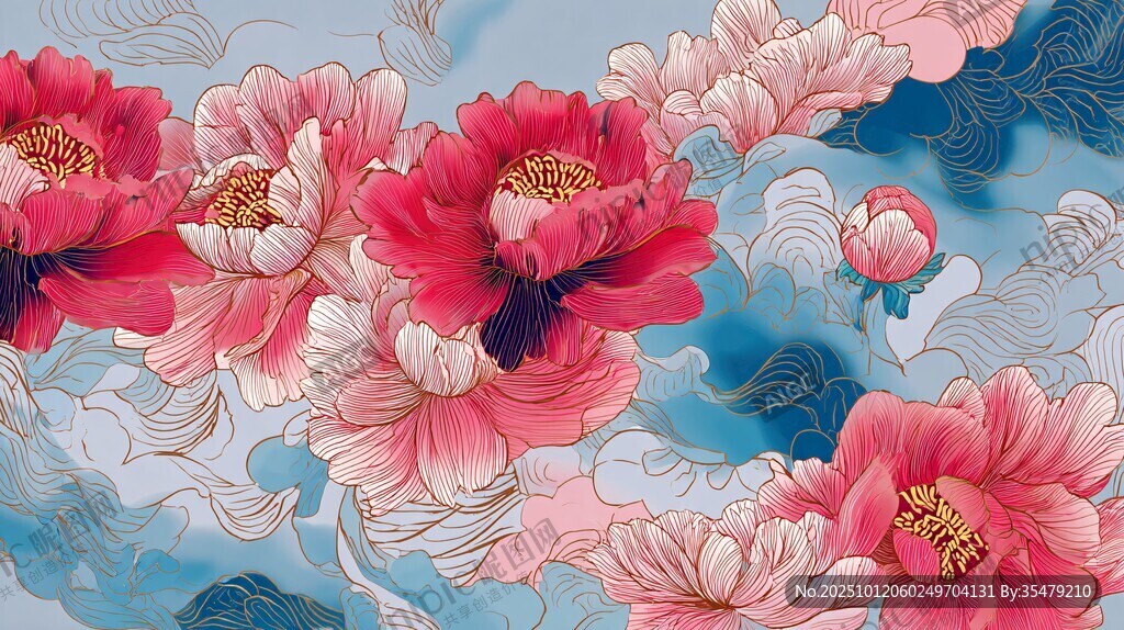 国色牡丹海浪中式风插画