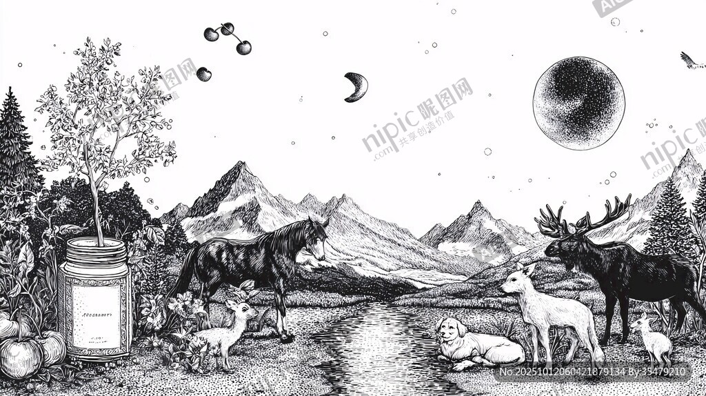 梦幻山林动物奇幻景象
