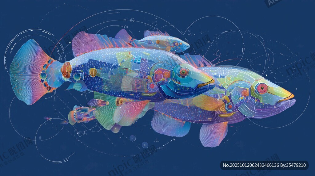 梦幻多彩深海鱼群插画