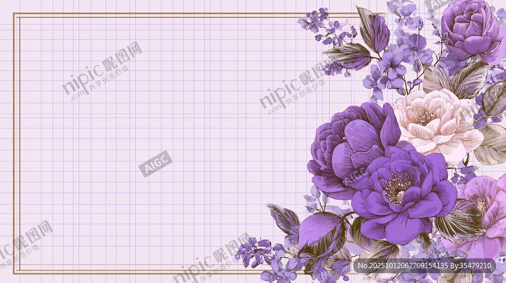 紫色花卉边框网格背景图