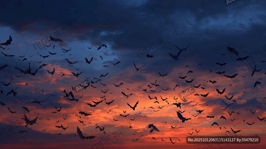 夕阳下群鸟翱翔的壮丽景象