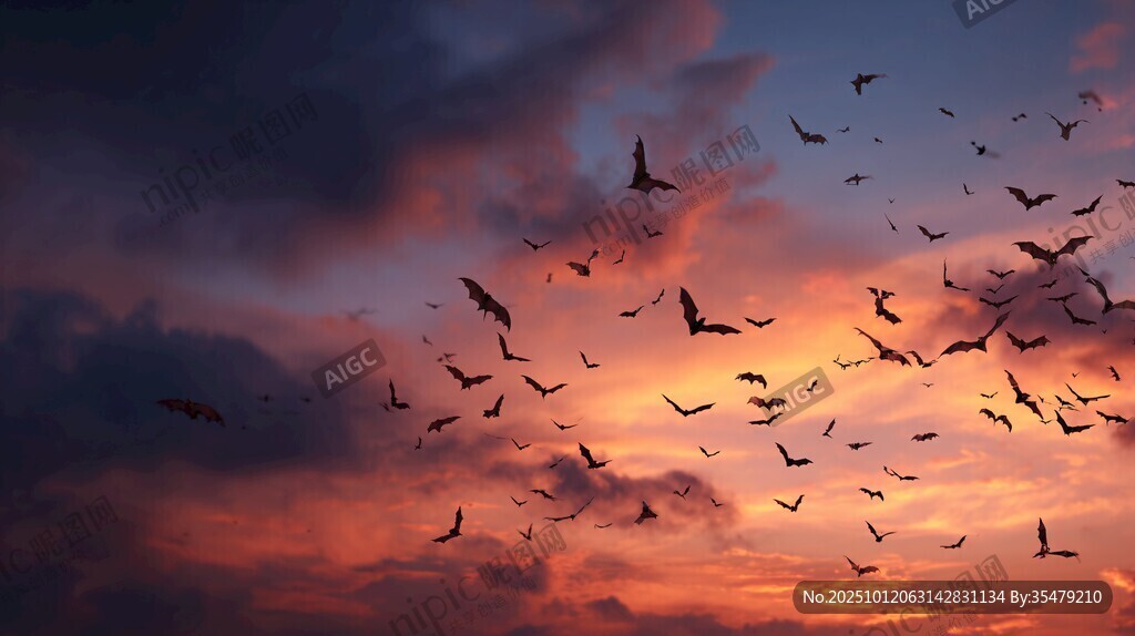 夕阳下群鸟翱翔的壮丽景象