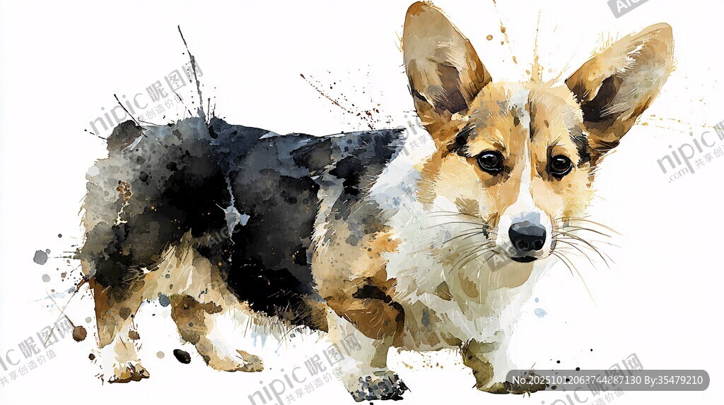水彩风格的可爱柯基犬