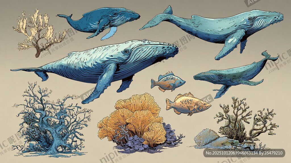 海洋生物插画 鲸鱼与珊瑚
