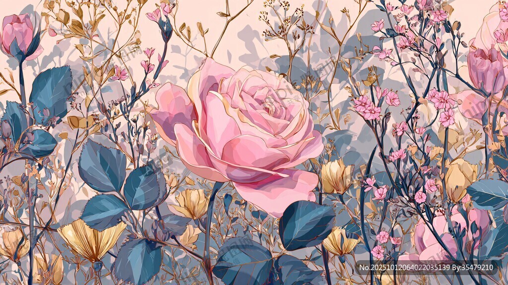 浪漫粉色花卉插画图案