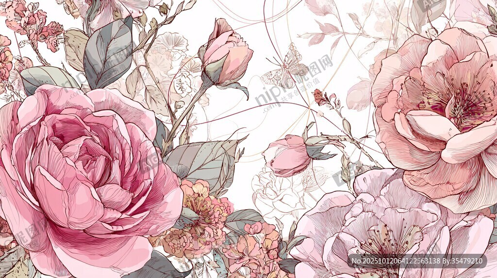 浪漫粉色花卉插画背景图
