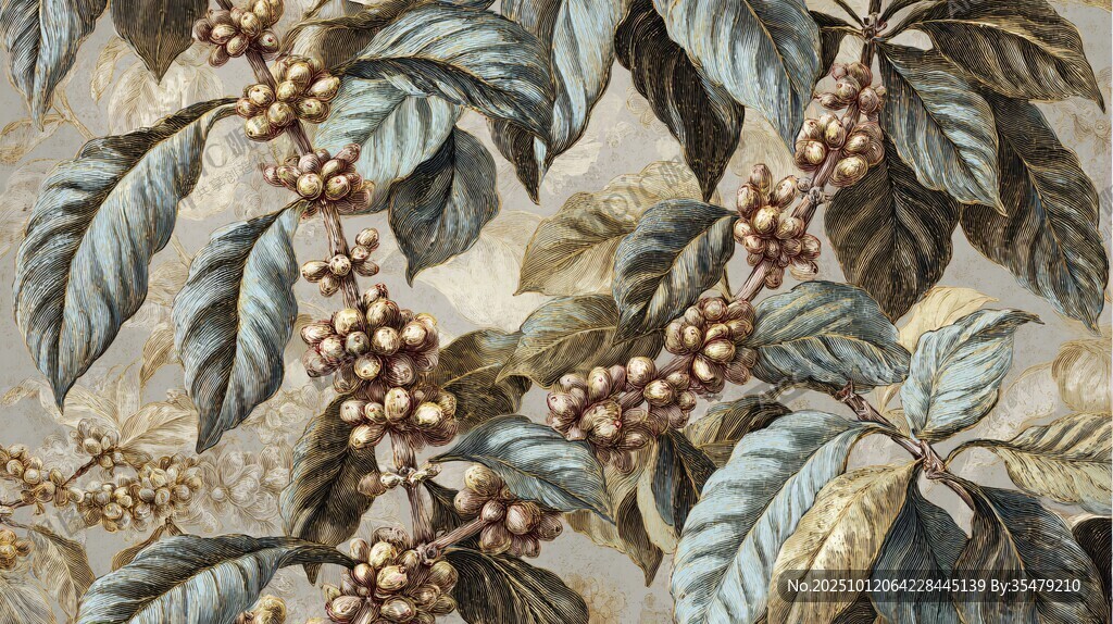 咖啡树图案的精美织物纹理