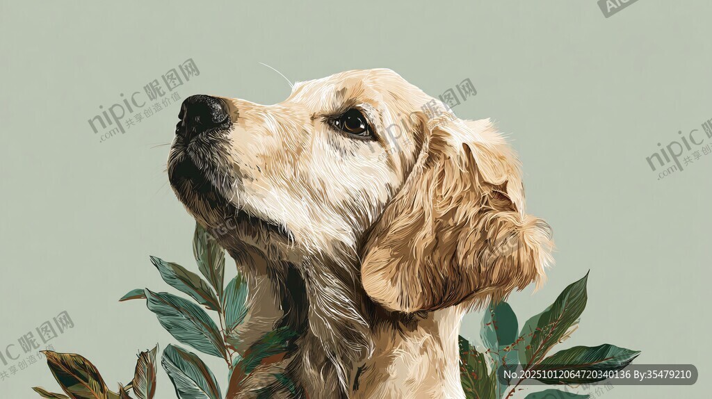 仰望的金毛犬与绿叶