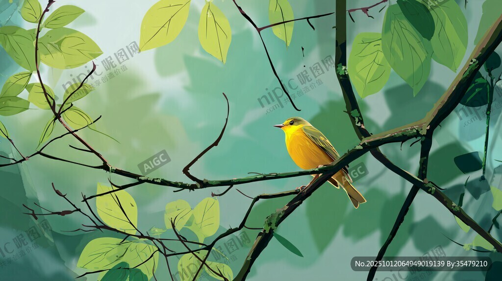 枝头黄鸟栖于翠绿枝叶间