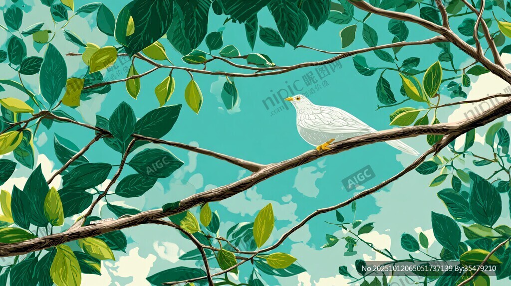 枝头白鸽伴绿叶美景