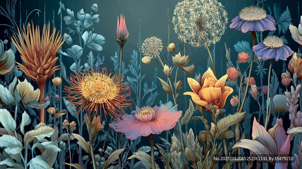 梦幻多彩花卉插画场景