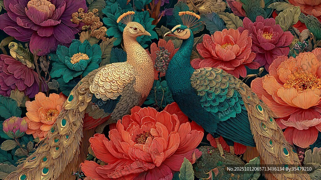 孔雀戏牡丹 绚丽花鸟画
