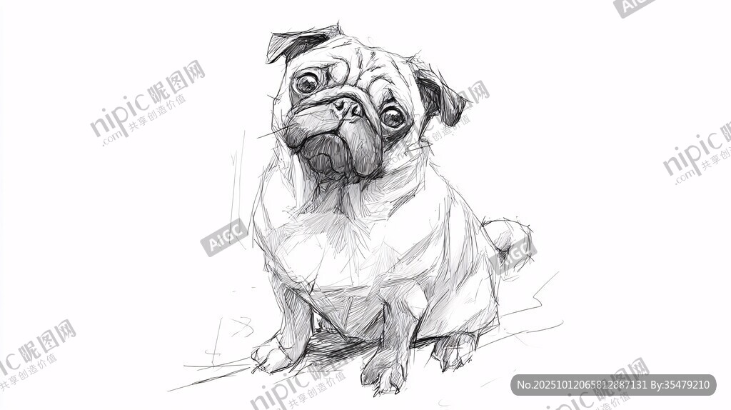 素描巴哥犬的可爱姿态