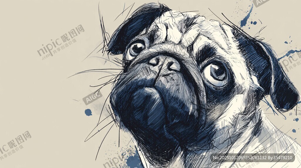可爱巴哥犬的手绘肖像