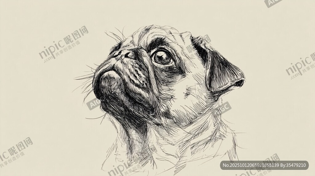 素描巴哥犬的可爱瞬间