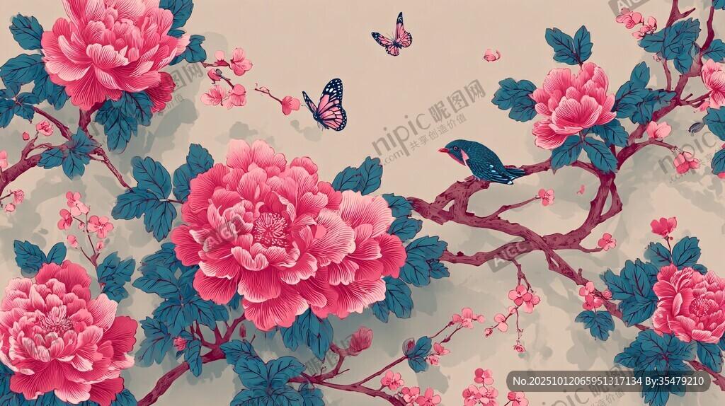 牡丹花鸟图 中式典雅之美