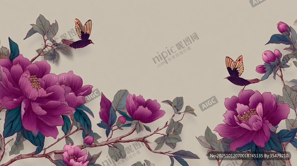 中式牡丹蝴蝶花卉装饰图