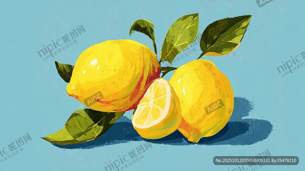 插画中的鲜柠檬与绿叶