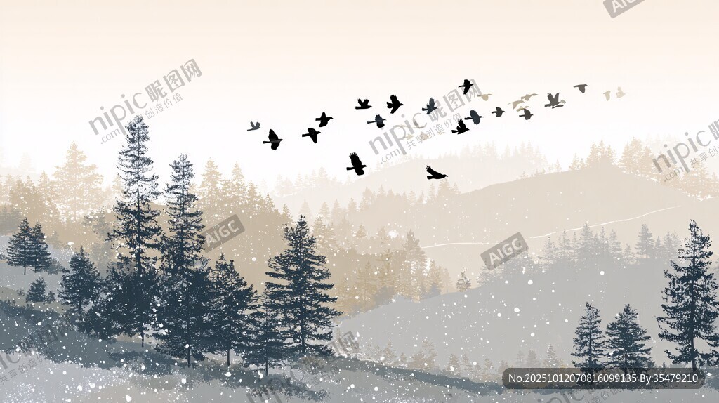 雪林飞鸟景